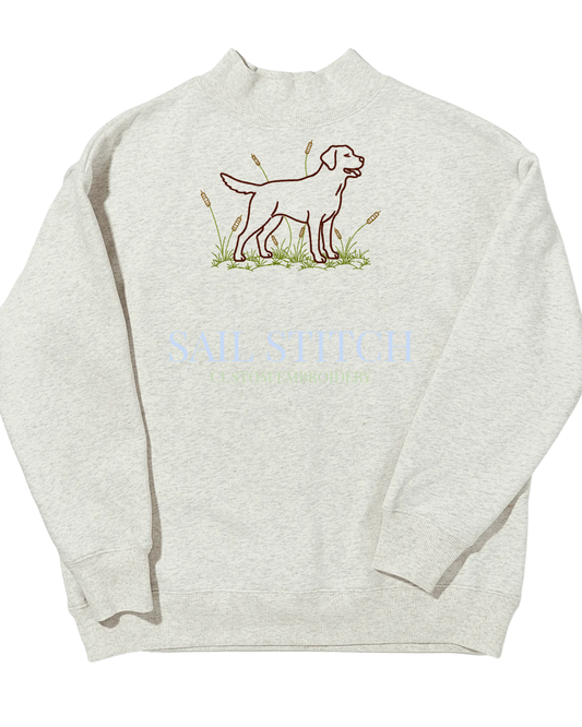 Embroidered Labrador Retriever and cattail design