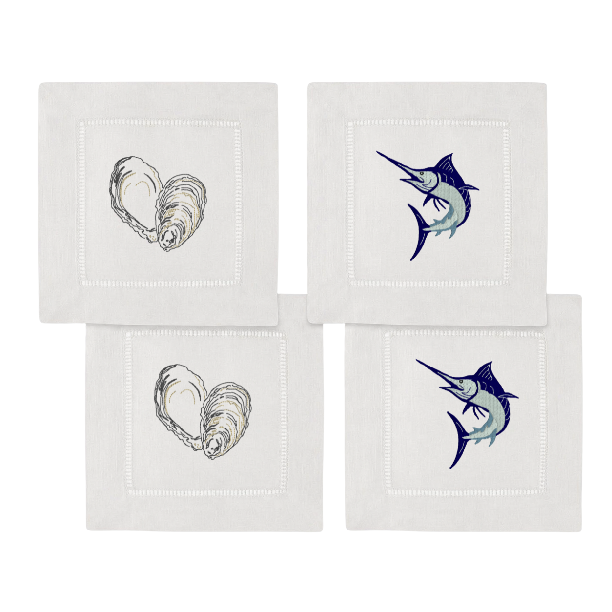Embroidered Oyster & Coastal Fish Cocktail Napkins (Set of 4)