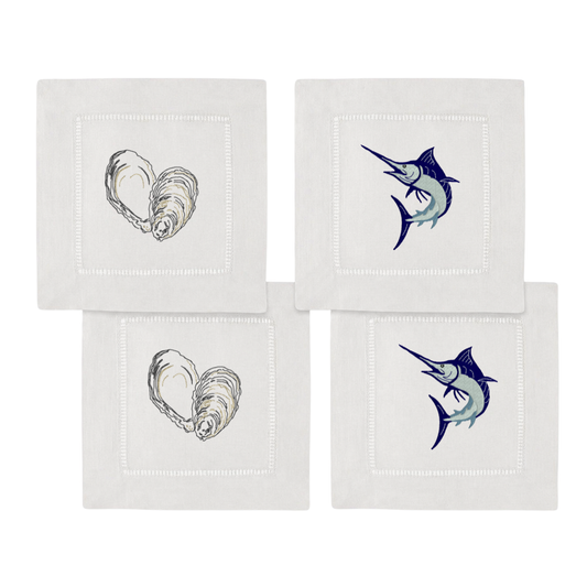 Embroidered Oyster & Coastal Fish Cocktail Napkins (Set of 4)