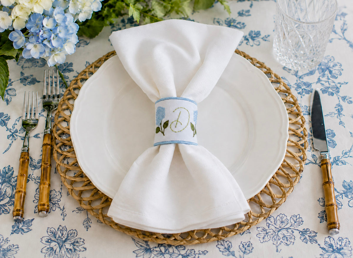 Personalized blue hydrangea monogram embroidered napkin ring