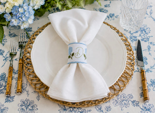 Personalized blue hydrangea monogram embroidered napkin ring