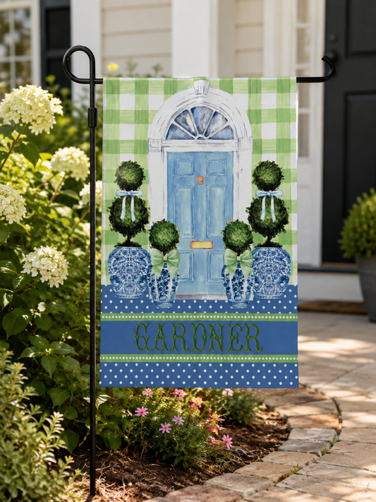 Personalized embroidered chinoiserie garden flag with monogram